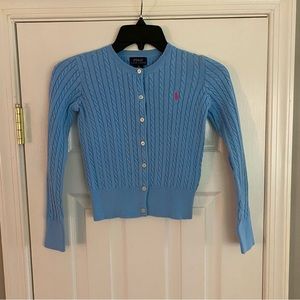 Polo Ralph Lauren Girls Cable Knit Cardigan Sweater Medium 8-10 Blue Pink Logo